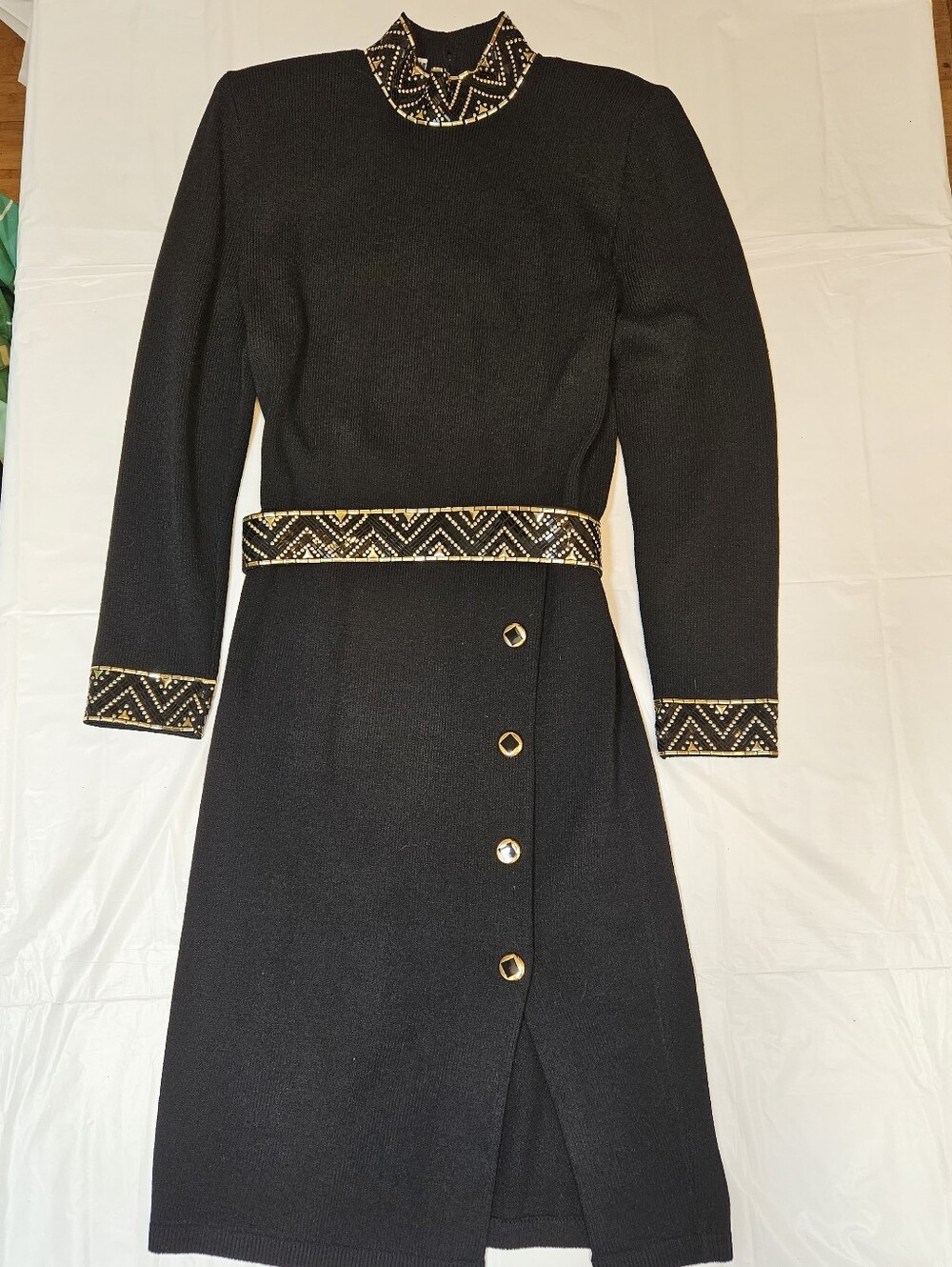 Vtg St John Black Evening Gold Embellishment Dress Long Sleeve Size 12